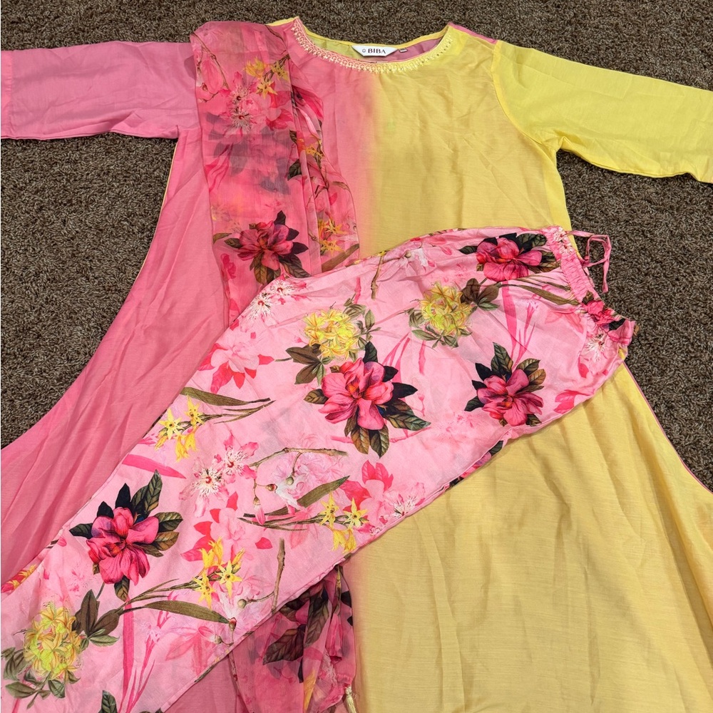 Biba Pink and Yellow Floral Salwar Suit.